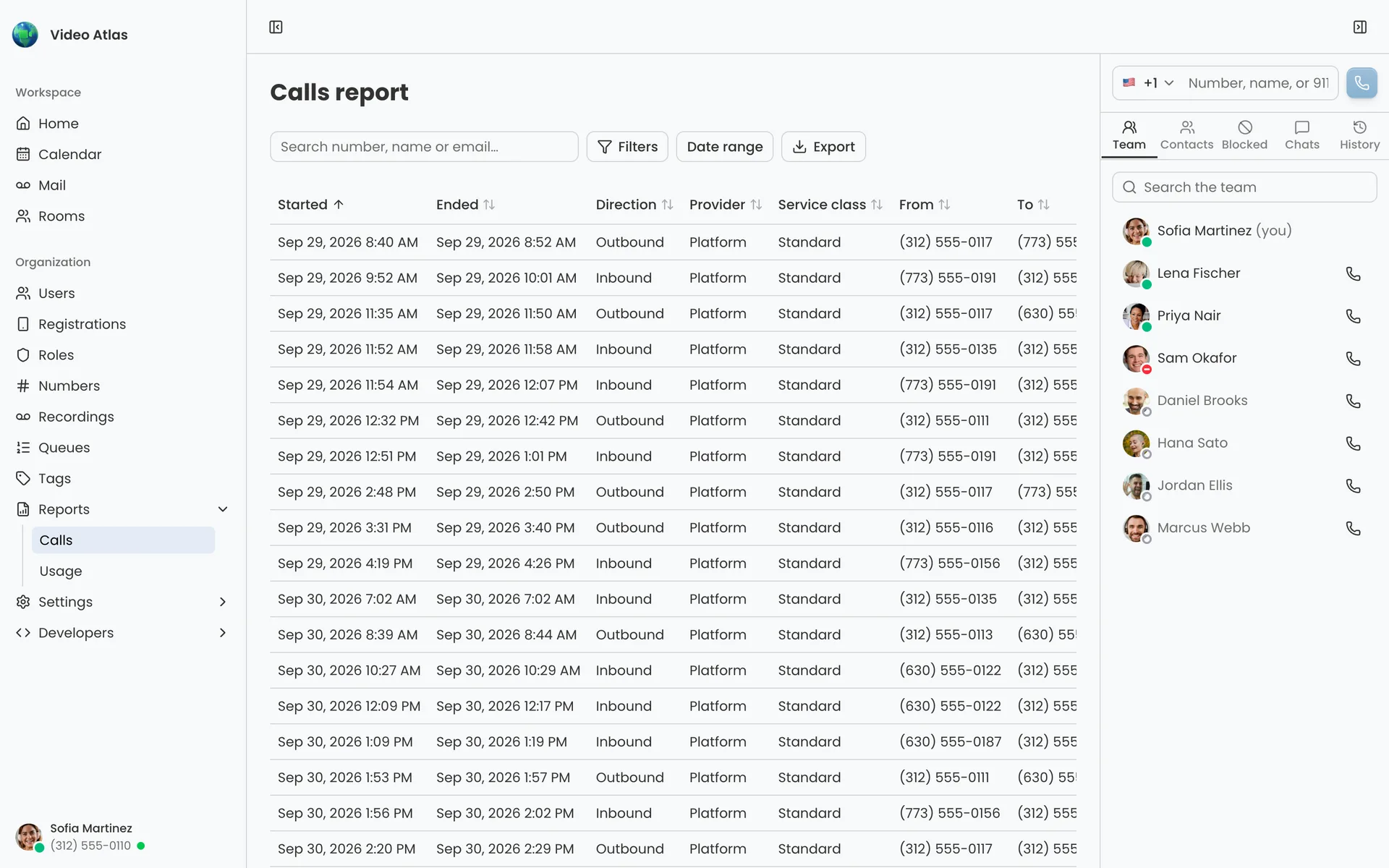 A call report with date filters, call details and an option to export results.