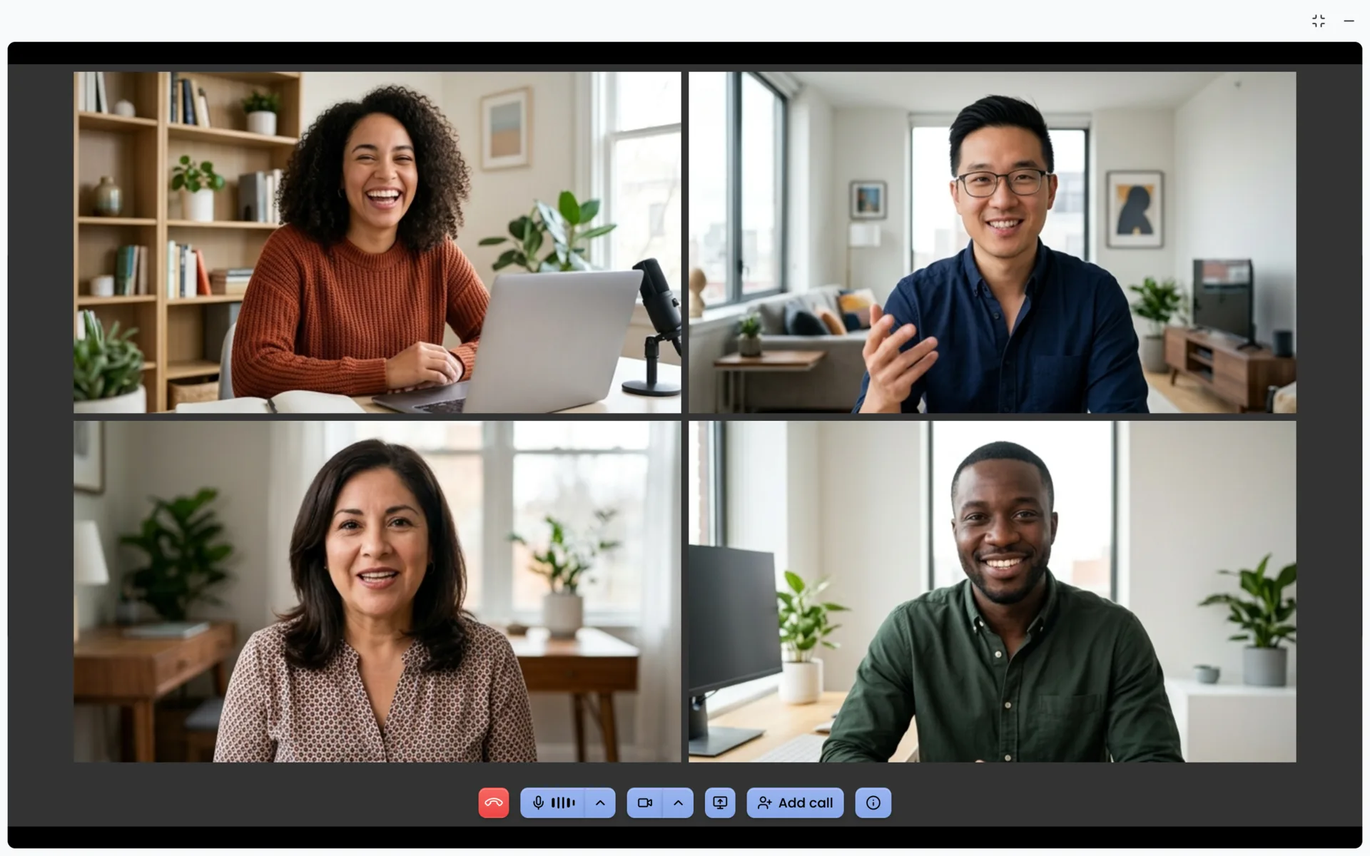 A video room showing multiple participants in a combined video stream, with call controls below.
